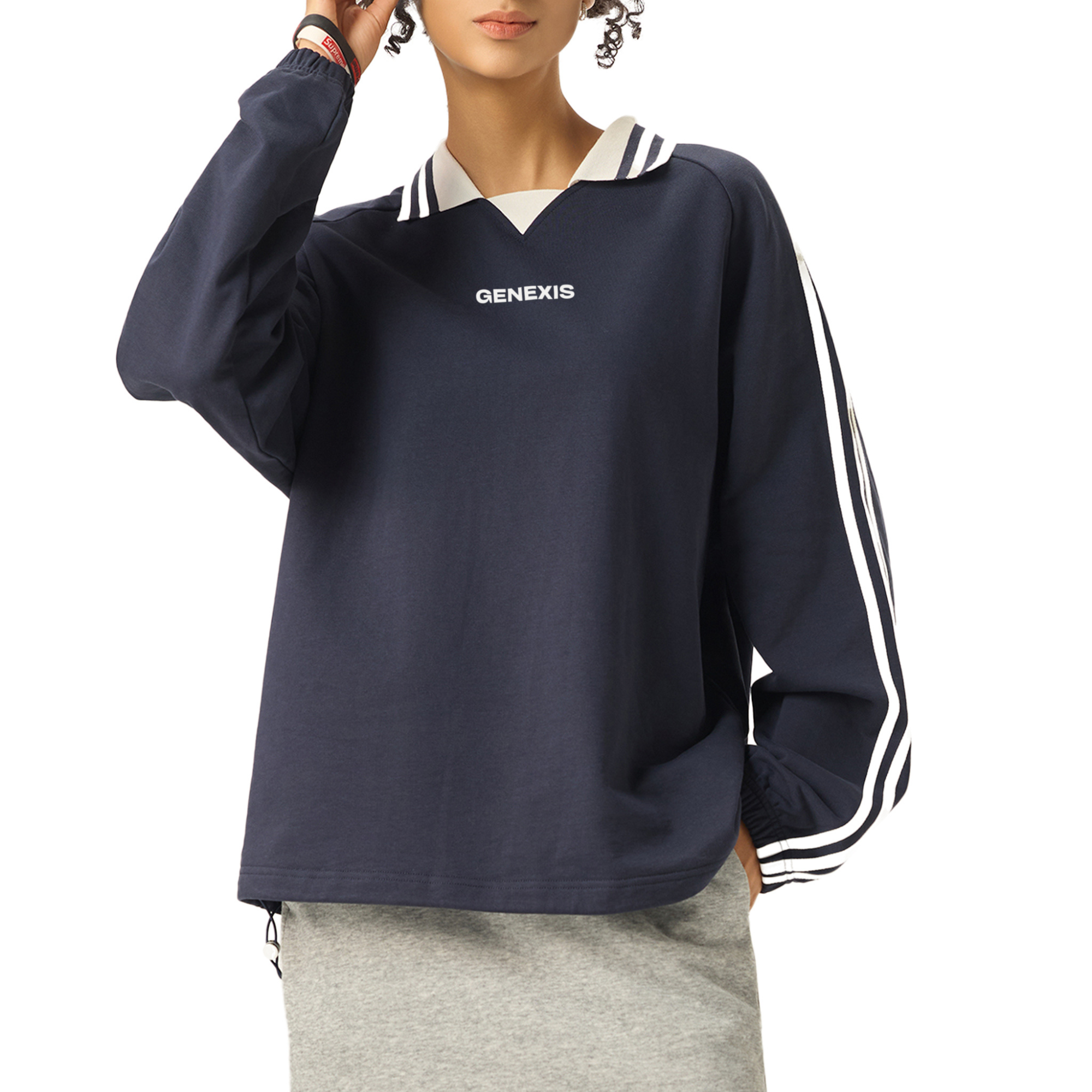 Logo Striped Lapel Collar Cotton Sweatshirt
