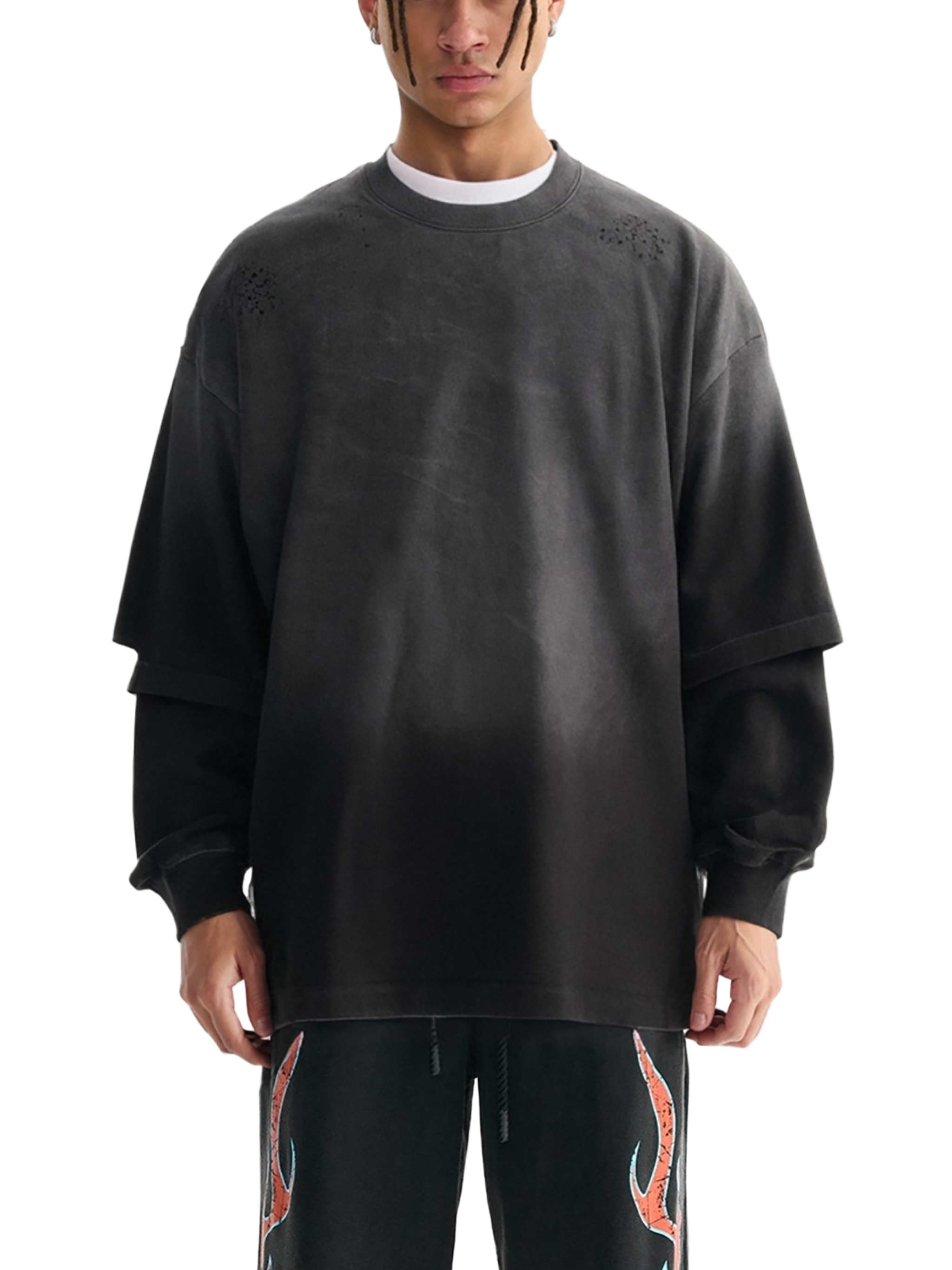 Loose Fit Hand-Frayed Faux Two-Piece Cotton T-Shirt