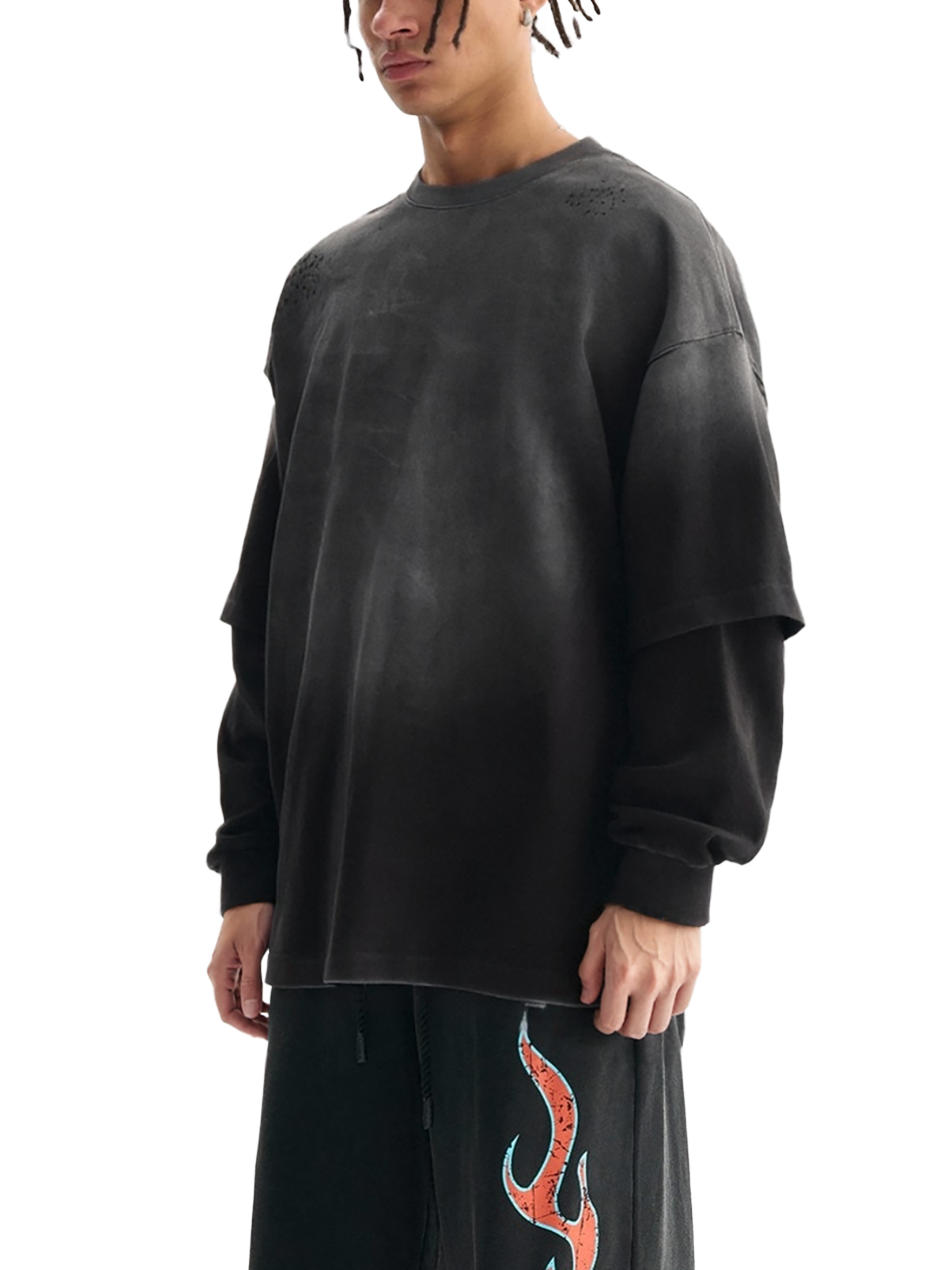 Loose Fit Hand-Frayed Faux Two-Piece Cotton T-Shirt