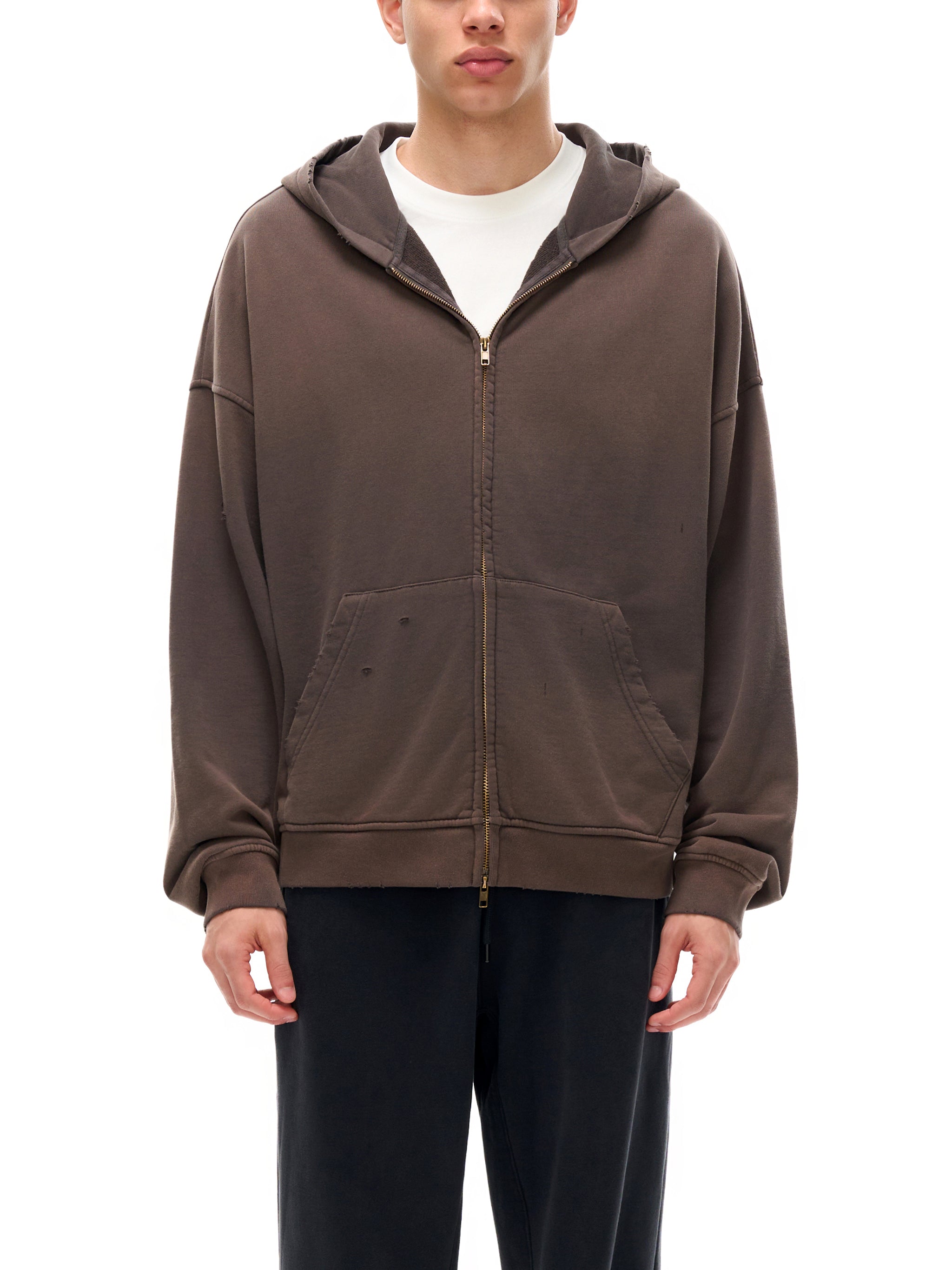 Sahra Hand-Frayed Cotton Zip Hoodie - Dark Grey