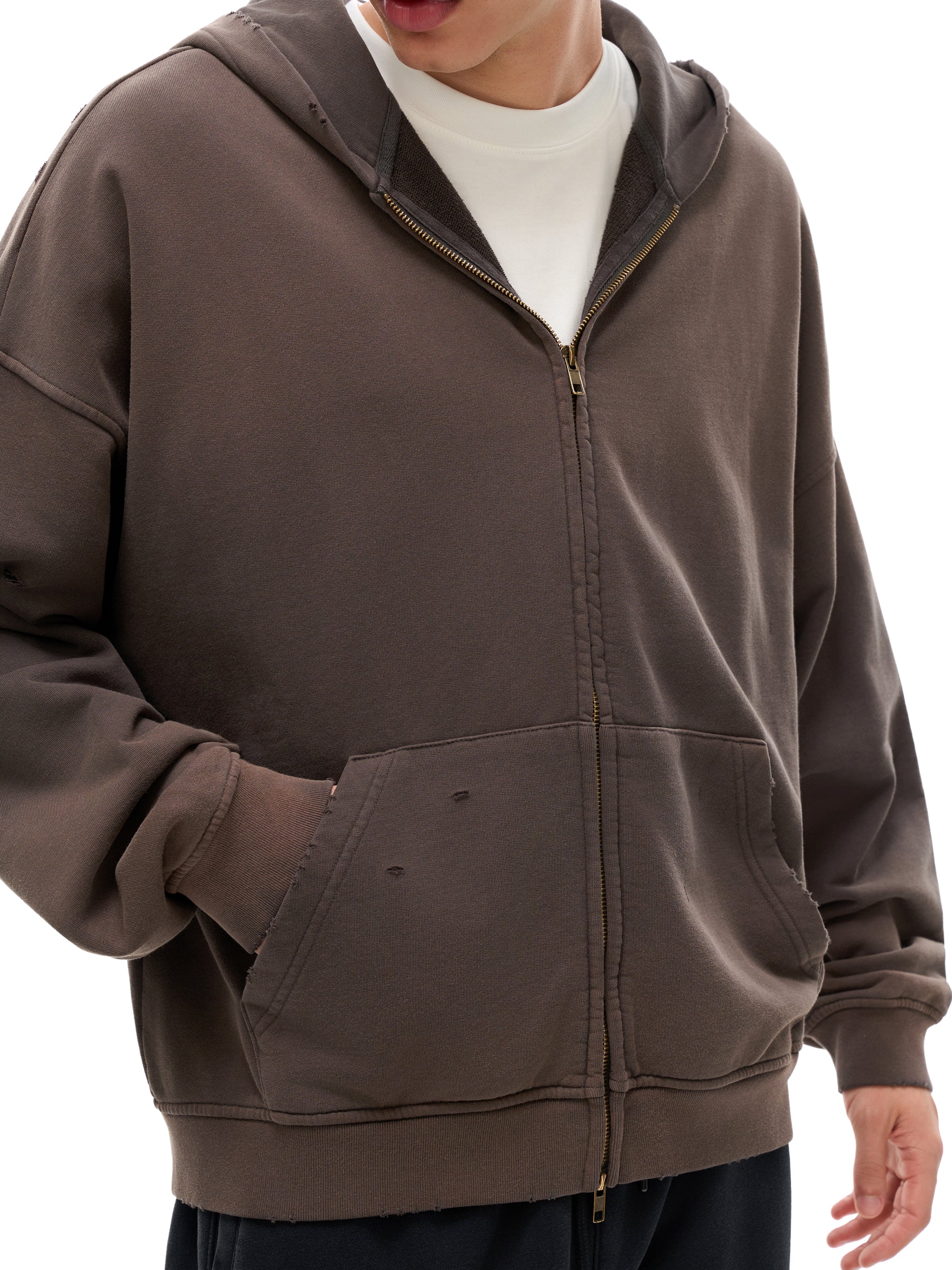 Sahra Hand-Frayed Cotton Zip Hoodie - Dark Grey